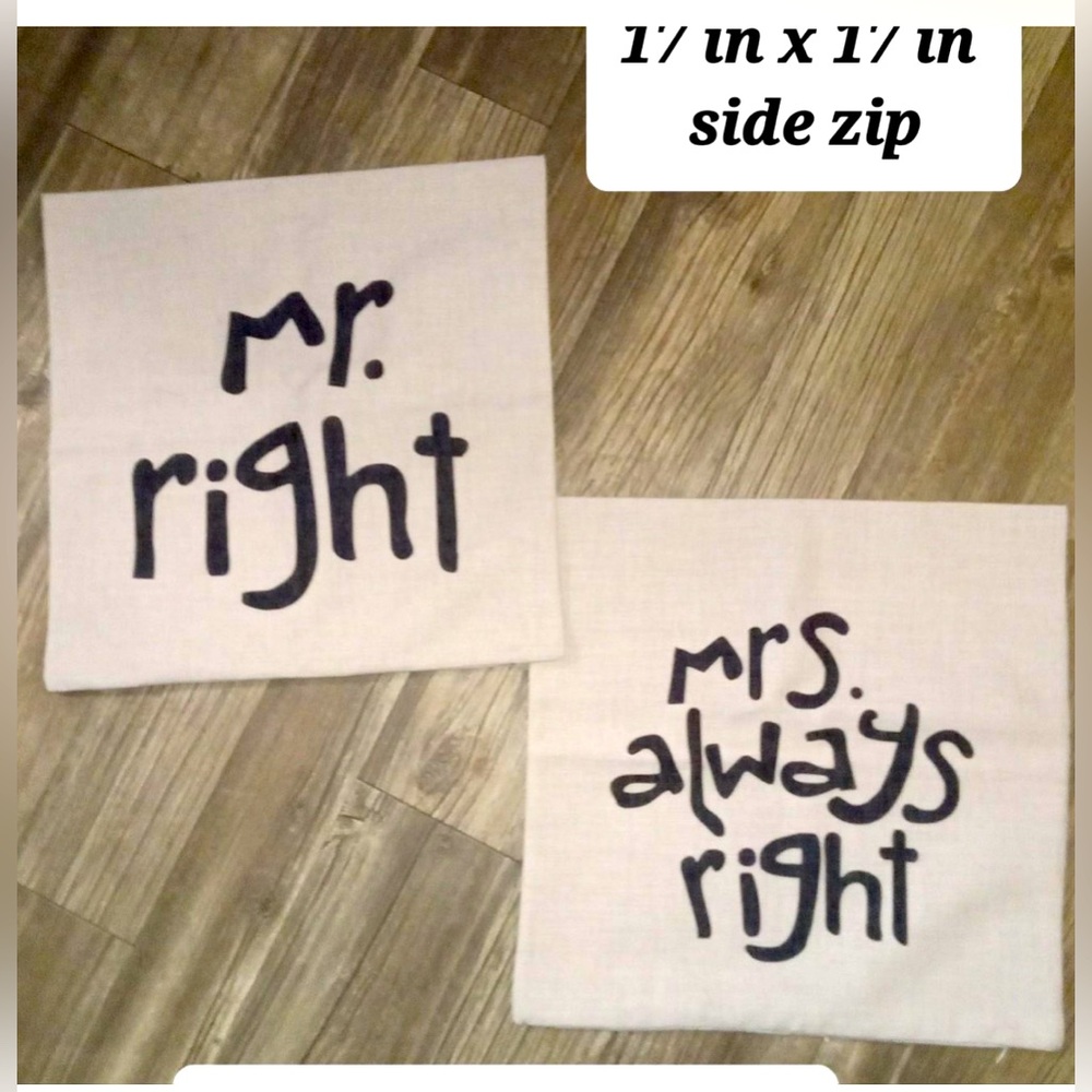 New without tags -Mr. & Mrs. Right Accent Pillowcases w/zip sides. Canvas/Hemp